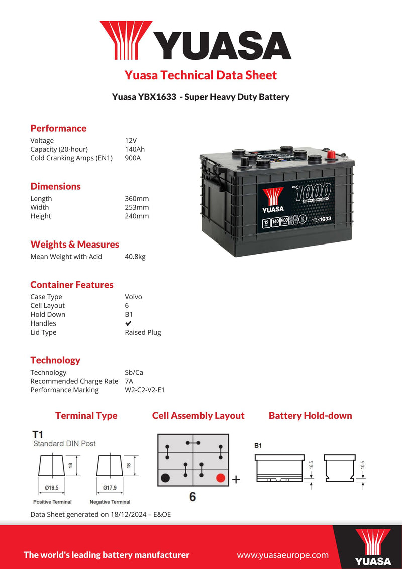 Yuasa YBX1633 Super Heavy Duty Battery - 1633