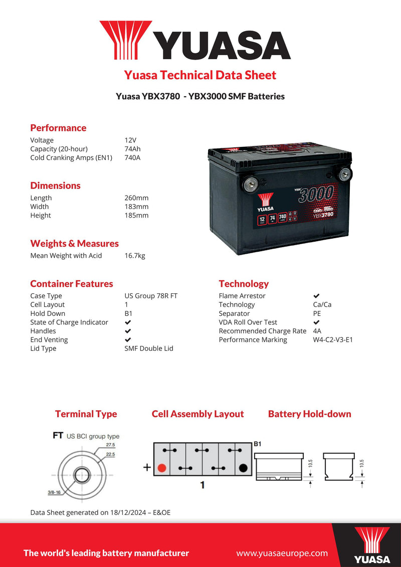 Yuasa YBX3780 - 3780 SMF Car Battery - 4 Year Warranty