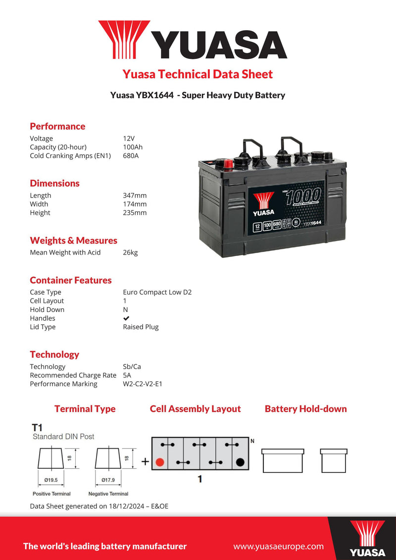 Yuasa YBX1644 Super Heavy Duty Battery - 1644