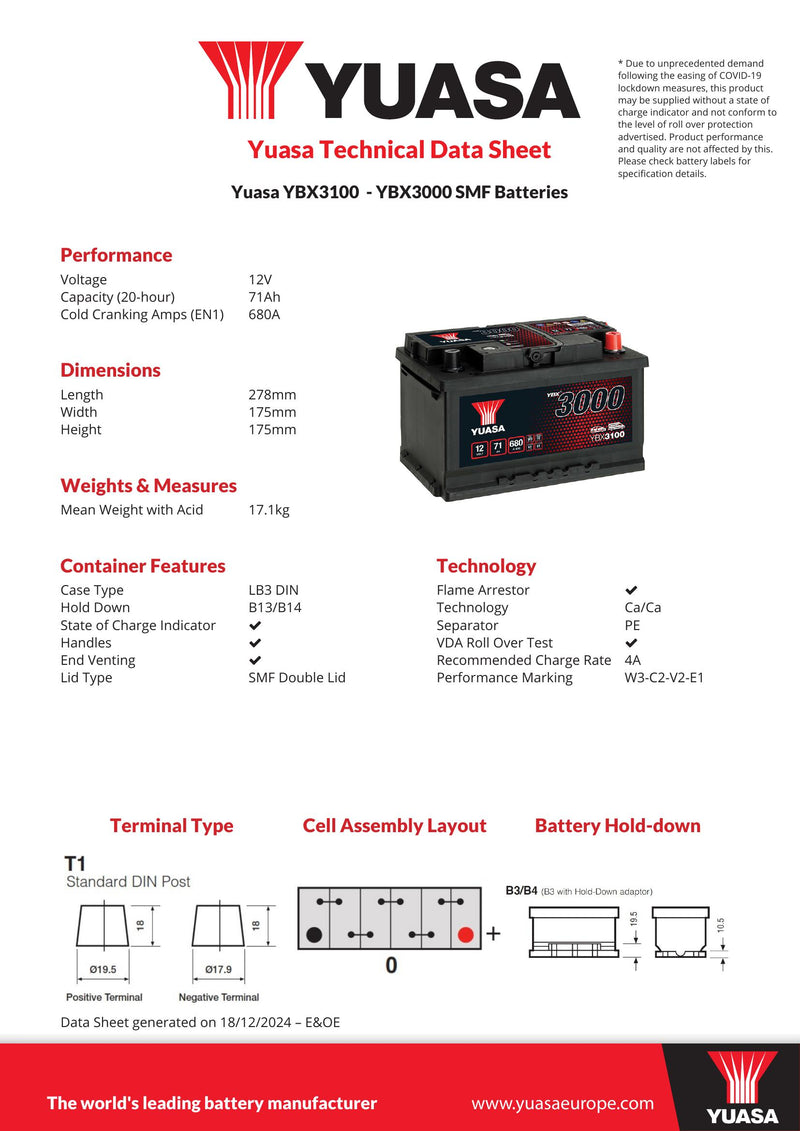 Yuasa YBX3100 - 3100 SMF Car Battery - 4 Year Warranty