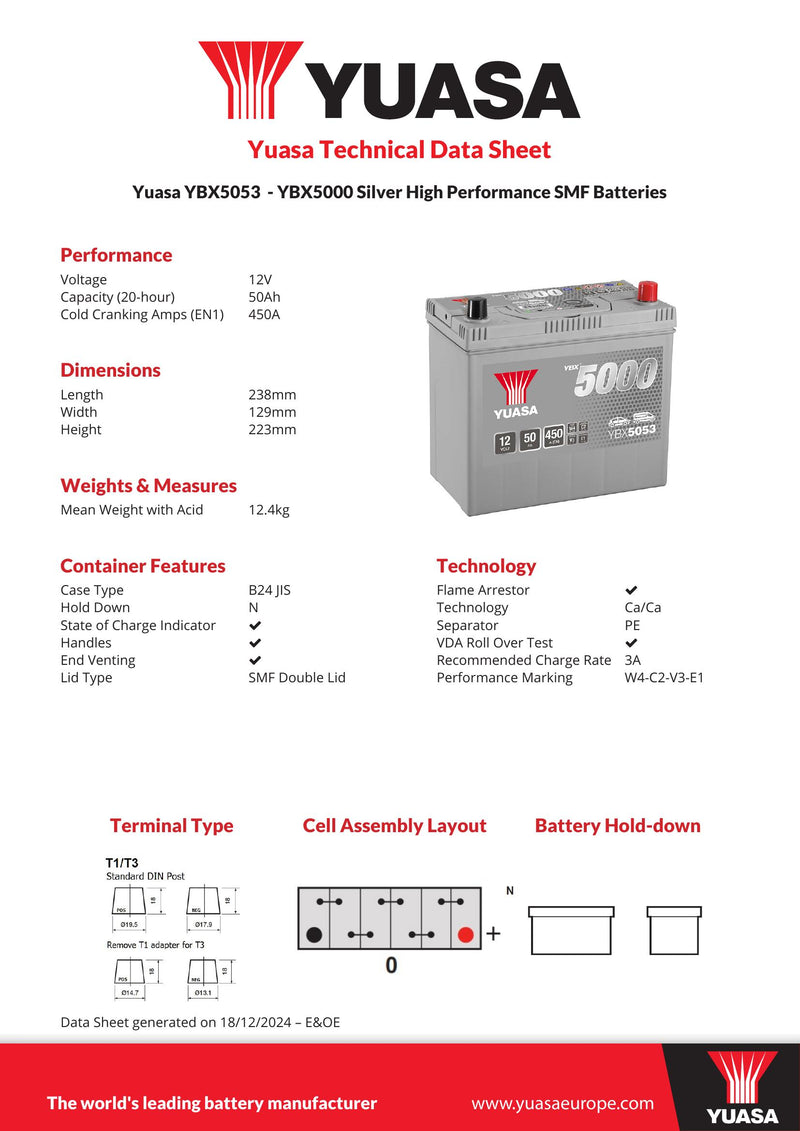 Yuasa YBX5053 - 5053 Silver High Performance SMF Car Battery - 5 Year Warranty