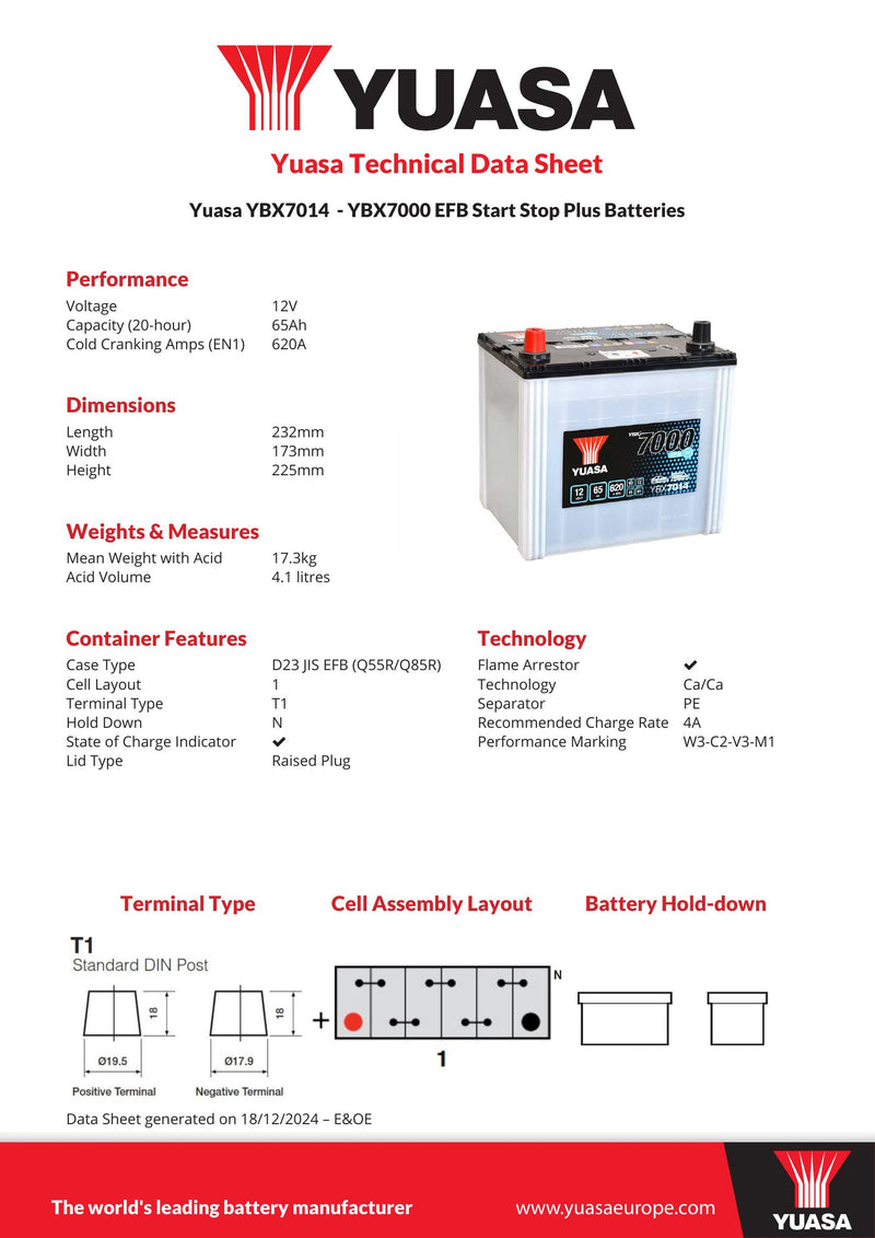 Yuasa YBX7014 EFB Start Stop Plus Batteries - 7014