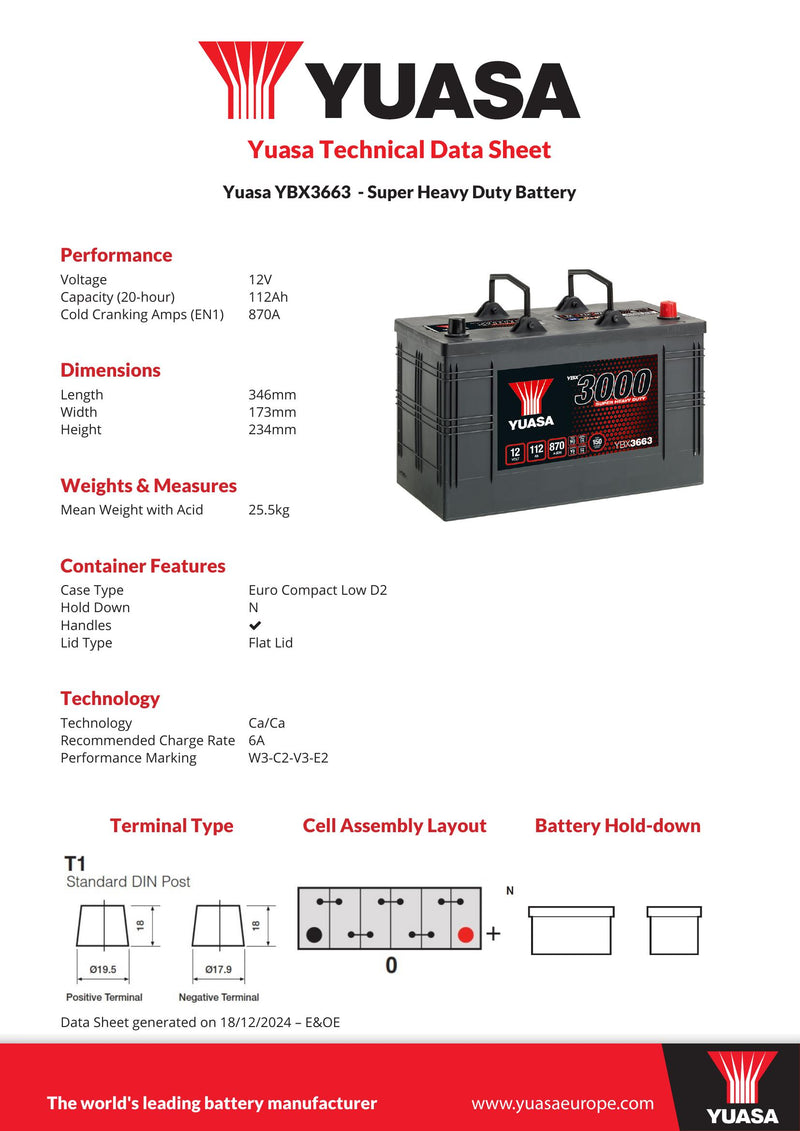 Yuasa YBX3663 - 3663 3000 Series Super Heavy Duty Commercial Battery - 4 Year Warranty