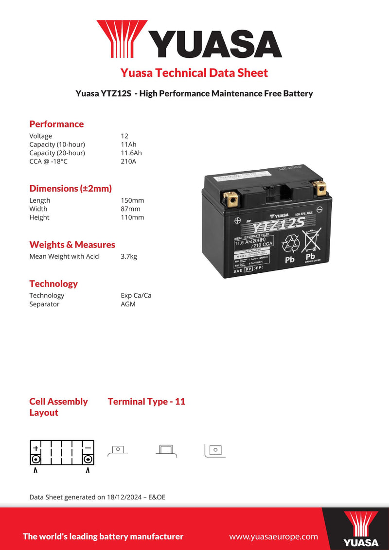 Yuasa YTZ12S (WC) 12V High Performance MF VRLA Motorcycle Battery