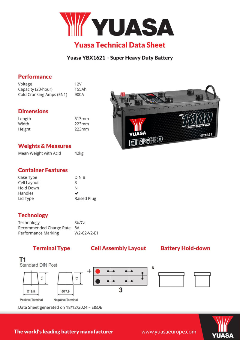 Yuasa YBX1621 Super Heavy Duty Battery - 1621