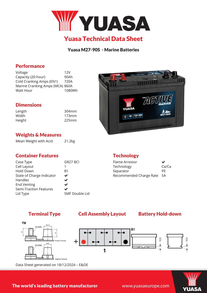 Yuasa M27-90S Active Marine Battery 12V 90Ah 720A