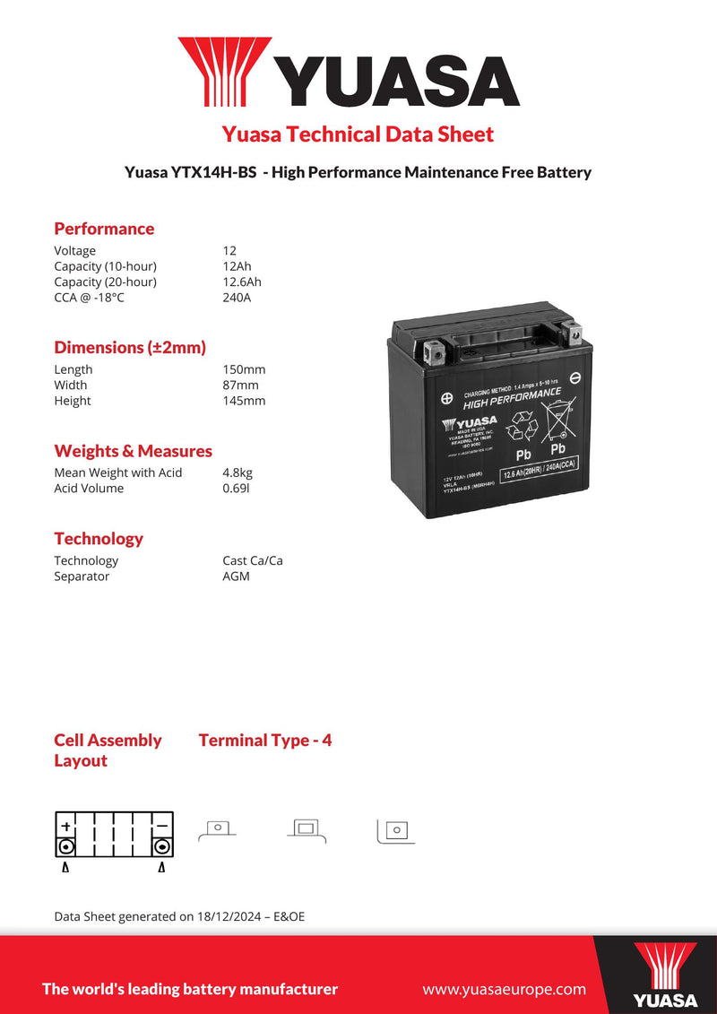 Yuasa YTX14H-BS (CP) 12V High Performance MF VRLA Motorcycle Battery