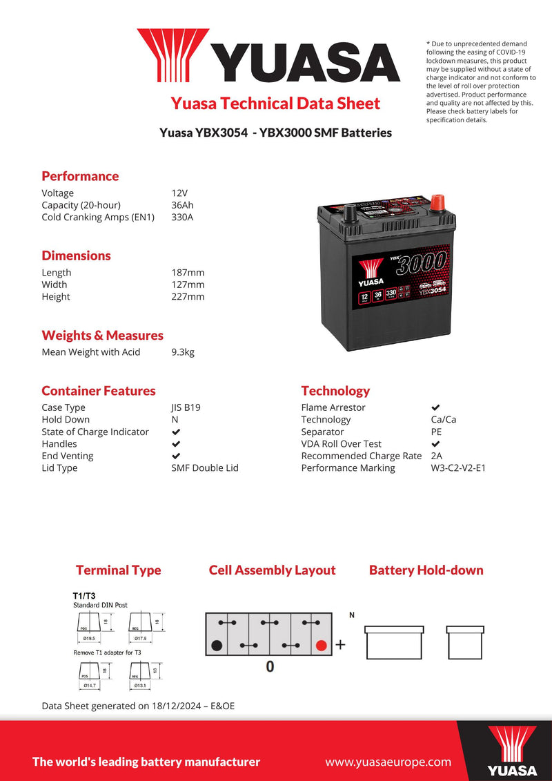 Yuasa YBX3054 - 3054 SMF Car Battery - 4 Year Warranty